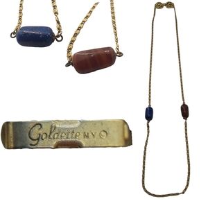 Vintage Goldette NY Womens Necklace 1950s Gold Tone Jewelry Tigers Eye Lazuli